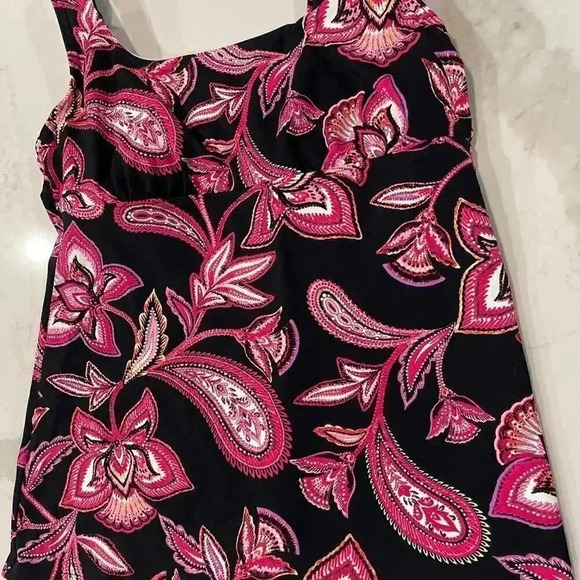 Lands End Bathing Suit Tankini Swim Top Black Pink Floral Paisley Print Womens 4 - Picture 2 of 5